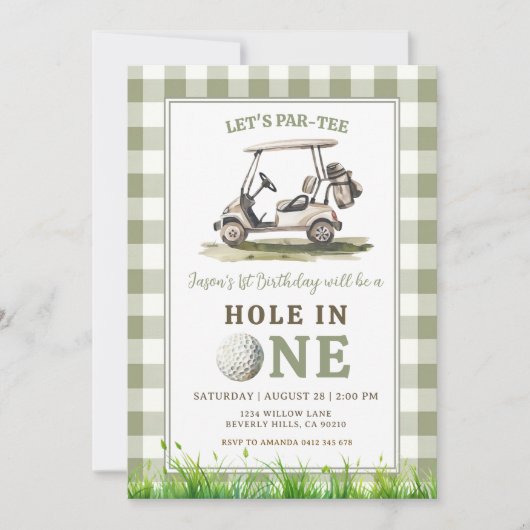 Salbeigrün Gingham Hole in One Golf Junge Geburtst Einladung (Vorderseite)