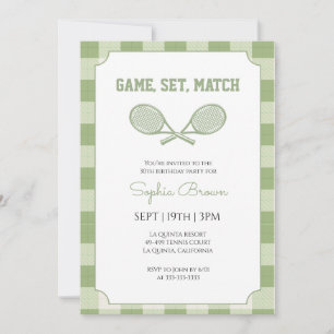 Salbeigrün Gingham Karo Tennis Geburtstagsfeier Einladung