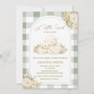 Salbeigrün Gingham Kleines Lamm Baby-Party Einladung