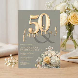 Salbeigrün Gold 50 & Fabulous 50. Geburtstag Einladung