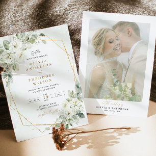 Salbeigrün Gold Weiße Florale Foto Rückseite Hochz Einladung