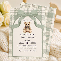 Salbeigrün kariert Gingham Teddybär Baby Shower Einladung