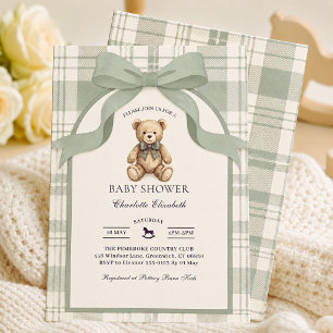 Salbeigrün kariert Gingham Teddybär Baby Shower Einladung