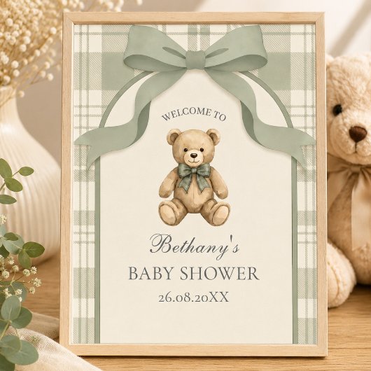 Salbeigrün kariert Teddybär Willkommen Poster