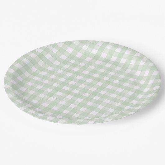 Salbeigrün klassisch Gingham Pappteller (Schrägansicht)