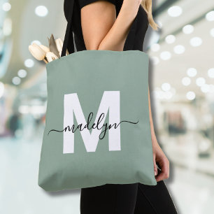 Salbeigrün Modernes Schriftzug-Monogramm Tasche
