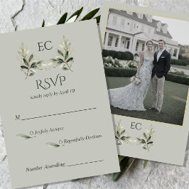 SalbeiGrün Olivenzweig Monogramm Foto Hochzeit RSVP Karte