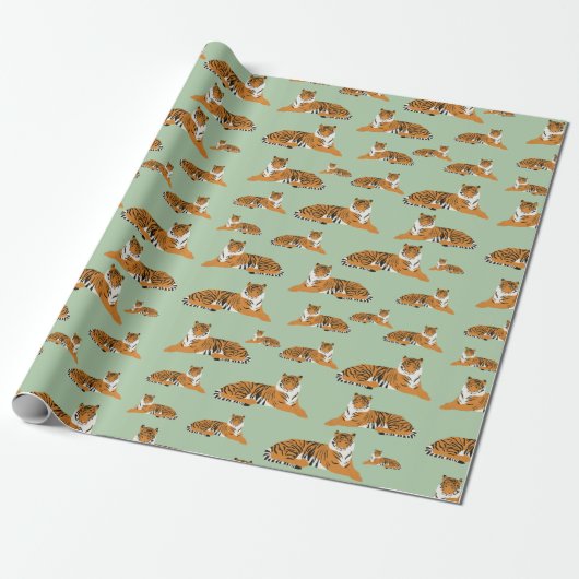 Salbeigrün Orange Dschungel Tiger Tier Muster Geschenkpapier (Ungerollt)