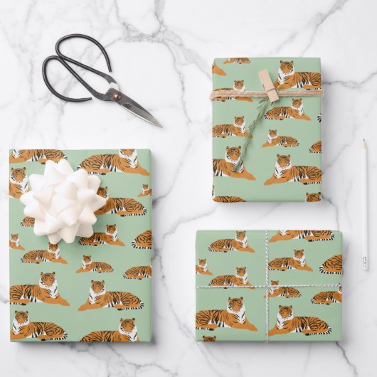 Salbeigrün Orange Dschungel Tiger Tier Muster Geschenkpapier Set (Vorderseite)