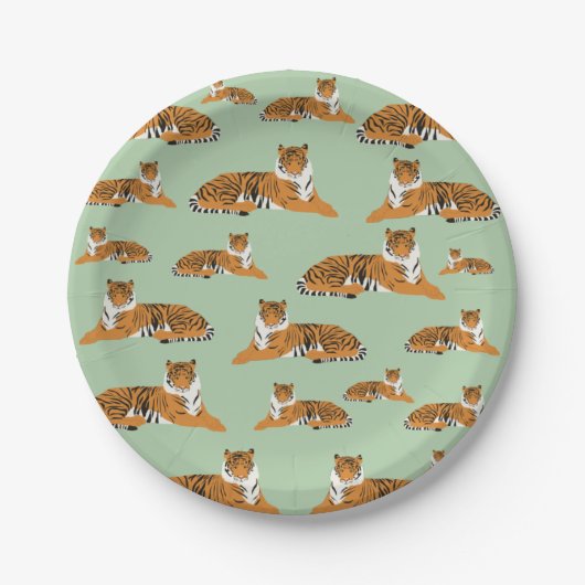 Salbeigrün Orange Dschungel Tiger Tier Muster  Pappteller (Vorderseite)