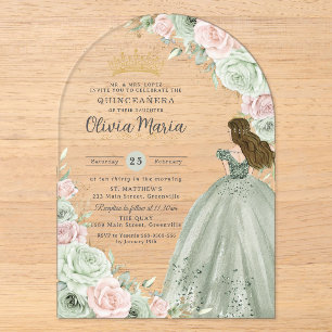 Salbeigrün Rosarot Floral Prinzessin Quinceañera Acryleinladungen