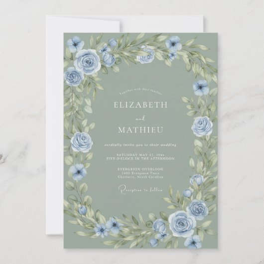 Salbeigrün Staubblau Botanische Hochzeit Einladung (Vorderseite)