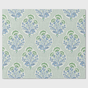 Salbeigrün und Blau Blockdruck Blumenmuster Geschenkpapier