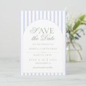 Salbeigrün und blau gestreift elegant klassisch save the date (Stehend Vorderseite)