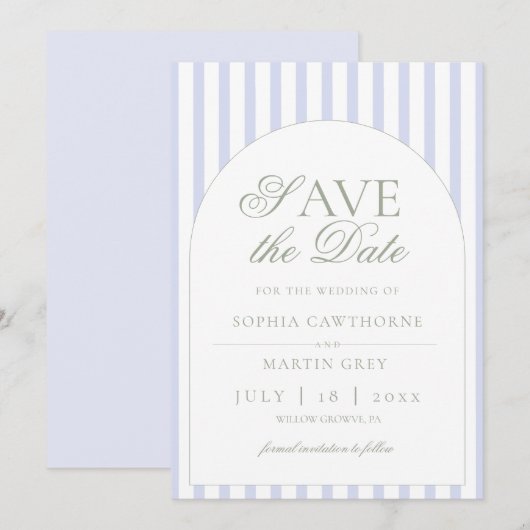 Salbeigrün und blau gestreift elegant klassisch save the date (Vorne/Hinten)