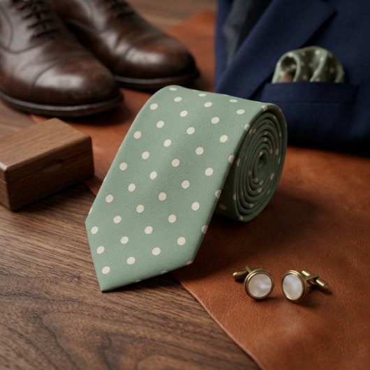 Salbeigrün und cremefarbene Polka-Dots Krawatte