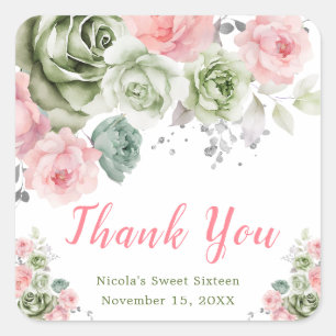 Salbeigrün und rosa florale Sweet Sixteen Quadratischer Aufkleber