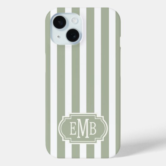Salbeigrün und weiße monogrammierte Streifen Case-Mate iPhone Hülle (Rückseite)