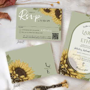 Salbeigrün Vintage Sonnenblume QR-Code Hochzeit RSVP Karte