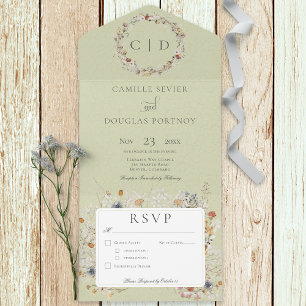Salbeigrün Vintage Wildblumen Romantisches Dinner All In One Einladung