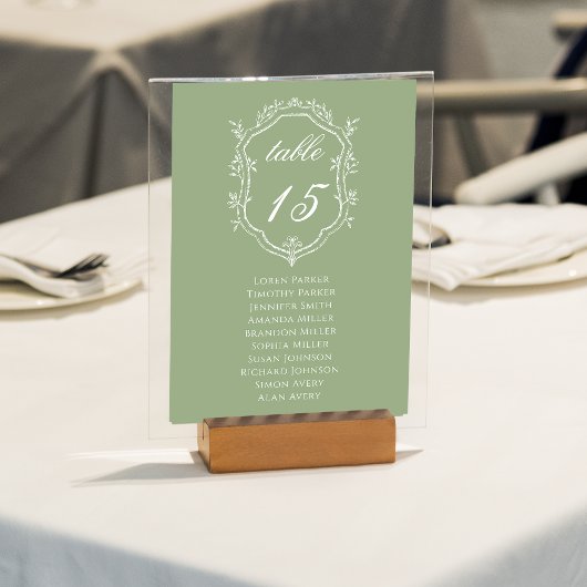 Salbeigrün-weiße Blumenschild-Hochzeitssitzplan Tischnummer