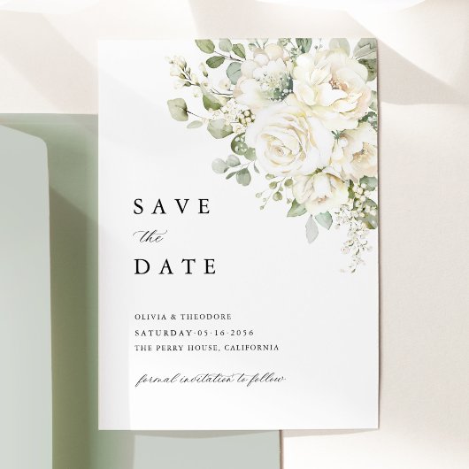 Salbeigrün Weiße Florale Wasserfarbe Elegante Hoch Save The Date