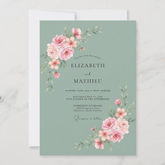 Salbeigrüne Anmutige Rosenhochzeit Einladung (Vorderseite)