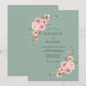 Salbeigrüne Anmutige Rosenhochzeit Einladung (Vorne/Hinten)