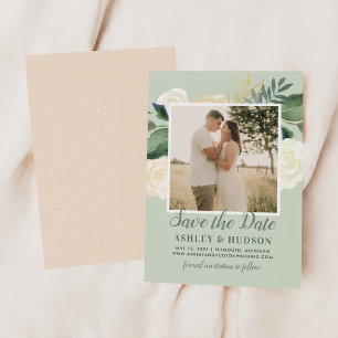 Salbeigrüne Aquarell-Blumen-Foto-Hochzeit Save The Date