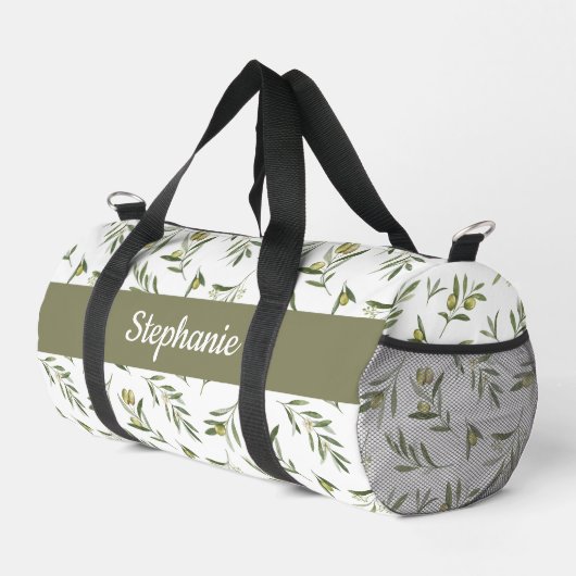 Salbeigrüne Aquarell-Oliven-Monogramm Duffle Bag (Rechte Ecke)