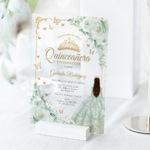 Salbeigrüne Aquarell-Rosen Goldene Quinceanera Acryleinladungen