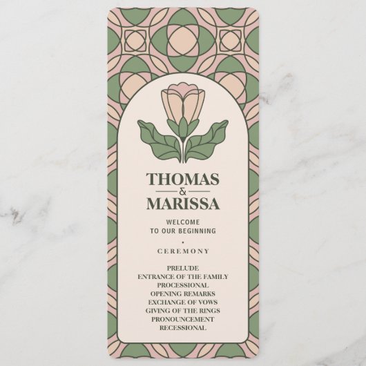 Salbeigrüne Art Nouveau-Hochzeitsprogrammkarte Programm (Vorderseite)