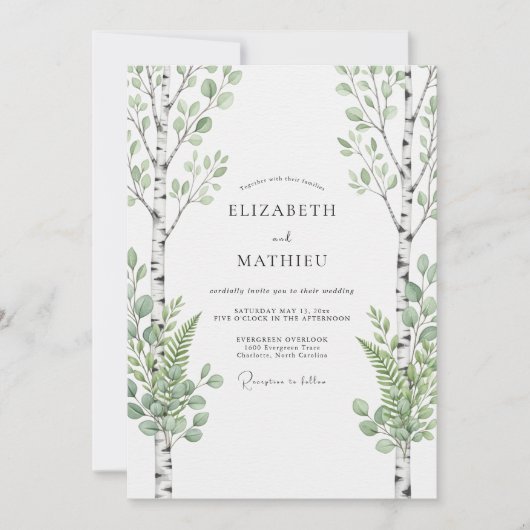 Salbeigrüne Birkenwald-Hochzeit Einladung (Vorderseite)