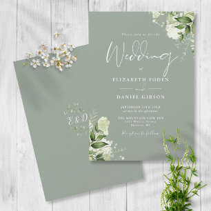 Salbeigrüne Blätter Monogramm Hochzeit Einladung