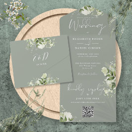 Salbeigrüne Blattflor QR-Code-Monogramm-Hochzeit All In One Einladung