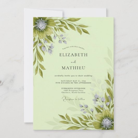 Salbeigrüne blühende botanische Hochzeit Einladung (Vorderseite)