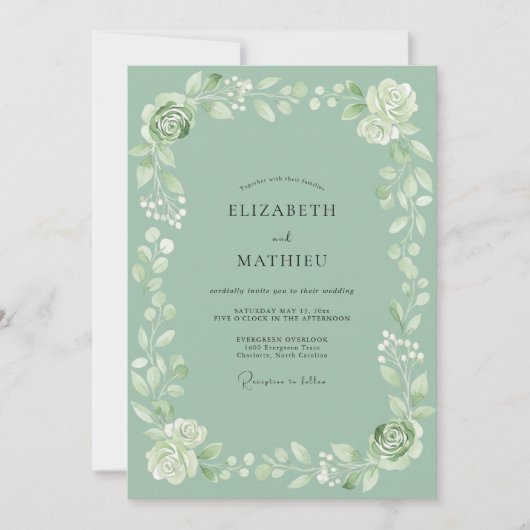 Salbeigrüne blühende Girlande Hochzeit Einladung (Vorderseite)