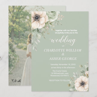 Salbeigrüne Blumen-Anemone Foto-Hochzeitseinladung Einladung