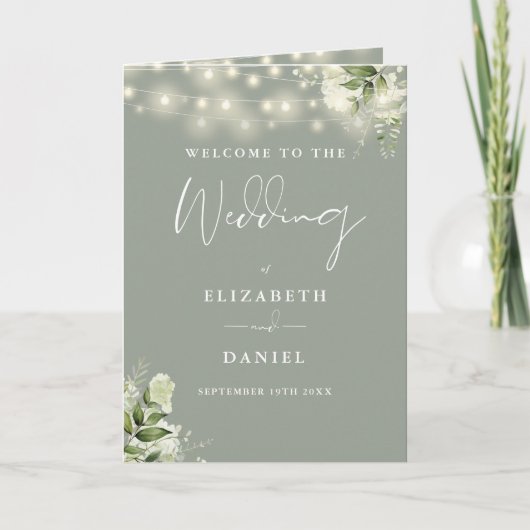 Salbeigrüne Blumen-Lichterkette Hochzeit Programm (Vorderseite)