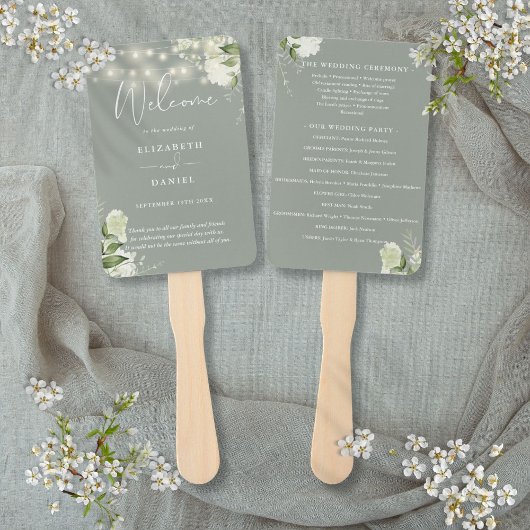 Salbeigrüne Blumen-Lichterkette Hochzeitsprogramm Fächer