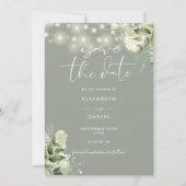 Salbeigrüne Blumen-Lichterkette QR-Code Hochzeit Save The Date (Vorderseite)