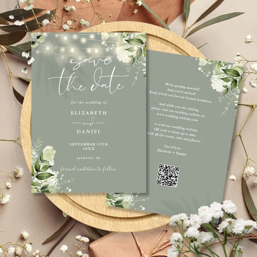 Salbeigrüne Blumen-Lichterkette QR-Code Hochzeit Save The Date