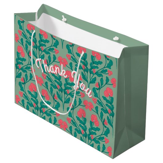 Salbeigrüne Blumen-Zweig-Geschenktasche Große Geschenktüte (Vorderseite Schrägansicht)