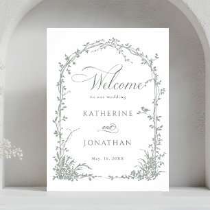 Salbeigrüne Blumenbogen-Gartenhochzeit Willkommen  Poster
