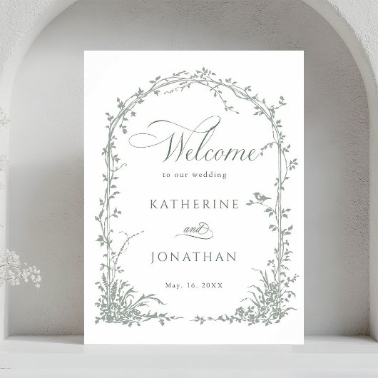 Salbeigrüne Blumenbogen-Gartenhochzeit Willkommen Poster