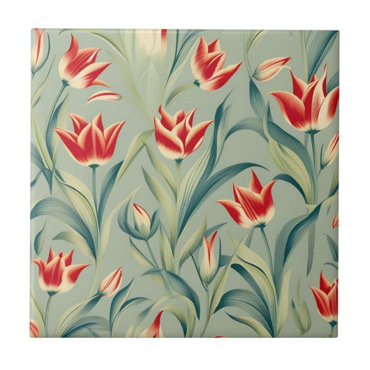 Salbeigrüne Blumenrote Tulpen Fliese (Vorderseite)