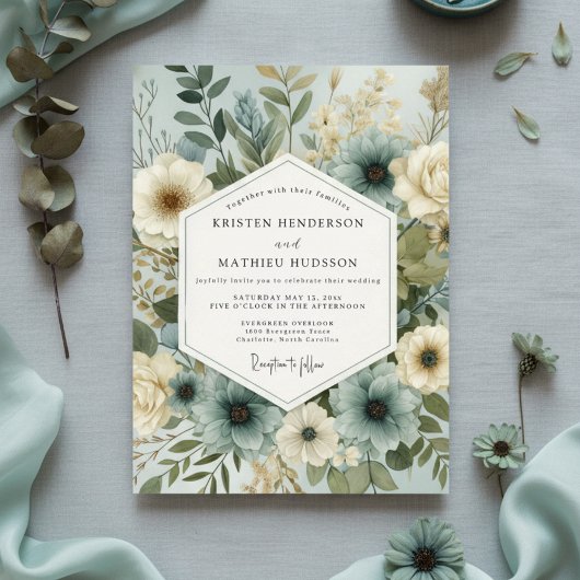 Salbeigrüne Blumenwiese Hochzeit Einladung