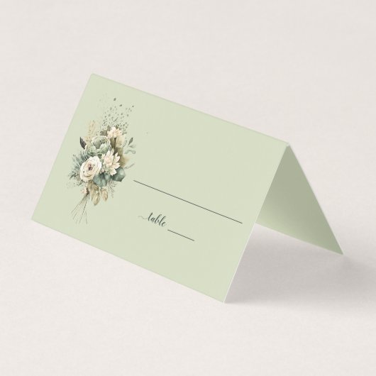 Salbeigrüne Blumige Botanische Hochzeit | Platzkar (Vorderseite)