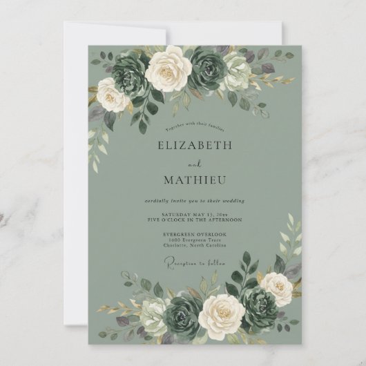 Salbeigrüne Blumige Hochzeit Einladung (Vorderseite)