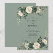 Salbeigrüne Blumige Hochzeit Einladung (Vorne/Hinten)